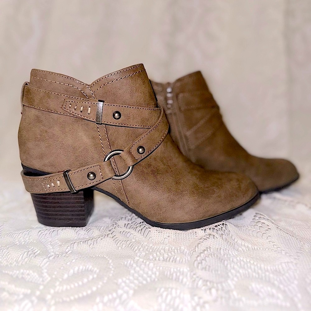 INDIGO RD. Western style faux leather brown boots heel strap buckle